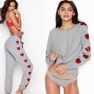 Victoria’s Secret Red Heart Sweatsuit Set Bling RARE Sweatshirt and Joggers L/XL